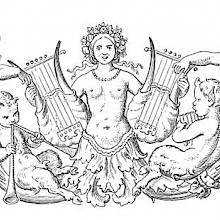 A female figure holds a lyre in each hand, which two fauns seem eager to grasp
