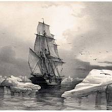 View of the exploration corvette La Recherche sailing amid icebergs near Bear Island