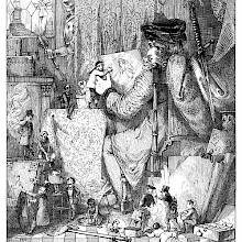 A man sitting at a desk looks at a picture while tiny characters get busy around him