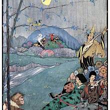 Three musicians are playing string instruments in a moonlit meadow, while two horsemen pass in the background.