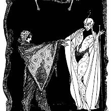 A woman walks with her hands stretched out in front of her as a male figure stands watching her