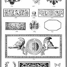 Ornaments from Gillé's 1808 catalog that include mythological creatures, helmets, coat of arms with two-headed eagles, etc