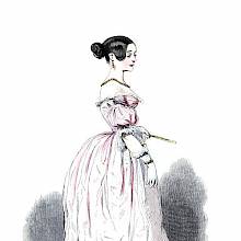 Depiction of a young lady in an evening dress, wearing white gloves, and holding a fan