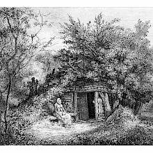 A woman is sitting on a bench outside a cottage that merges with the trees and vegetation around