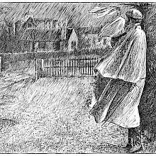 A man walking away from a house turns around one last time in the rain to wave his handkerchief