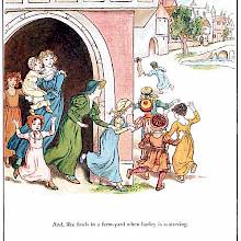 Children rush out of a building entrance, turning their backs to the viewer before disappearing around a corner