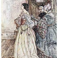 Two elderly women examine the back of a younger woman, who is seen from the side