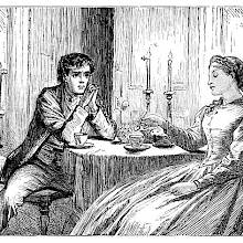 A man and a woman are sitting at a table lit by two candles around which moths are fluttering