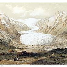 View of the Nigardsbreen, winding between rocky peaks toward distant snowy summits