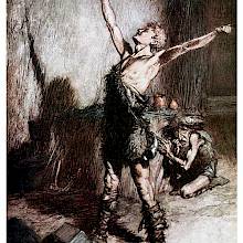 A youth in a pelt tunic holds a sword aloft in triumph while a dwarf crouches in the background