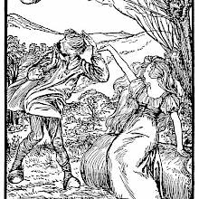 A woman sitting on a large log commands the wind to blow away the hat of an importunate man
