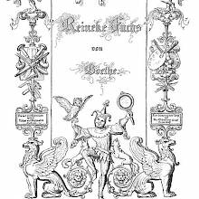 Illustrated title page of Reineke Fuchs showing animals playing music and a jester with an owl
