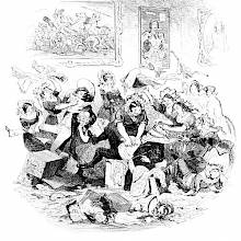 Maids are tussling with two men, armed with petticoats and garments.
