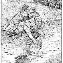 Friar Tuck with Robin on his back