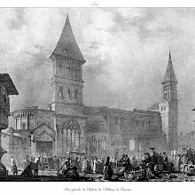 View of the northern side of the abbey church of Tournus, bustling with a procession