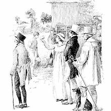 A group of people is seen from the side, looking in the direction of a stagecoach that has just departed