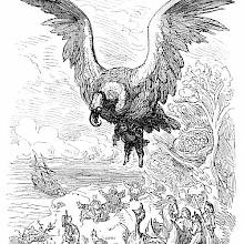 A bird is soaring with a man caught in its talons  as a group of people them fly away