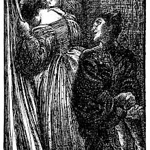 A man sitting on a bench turns his head toward two women behind him, one of whom is crying in front of a window