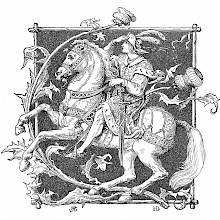 A young man rides a rearing horse inside an ornamental frame decorated with a large thistle