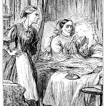 A woman sitting in her bed eagerly opens a letter while her nurse waits sternly at her side