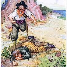 A one-legged man stands before the body of another,  a knife in his hand