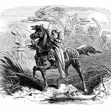 A woman rides on horseback in the moonlight, cowed by the company of ghosts following her