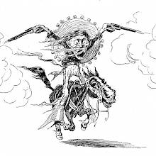 A cowboy rides a horse with his mouth and eyes wide open, standing on the stirrups and shooting two guns at once