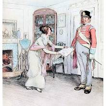 A  woman holds out a newspaper to a sergeant so he can stand on it and not get the floor dirty with his muddy shoes