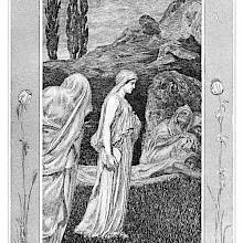 Psyche is seen from the side dolefully roaming a craggy landscape where she crosses paths with tormented souls