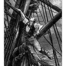 A man climbs the rigging of a ship, positioned in such a way that he appears to be floating in the air
