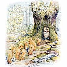 A procession of squirrels walks along a path leading to an owl sitting at the base of a tree