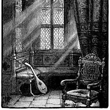 Oriel window seen from the inside with a lute resting against a bench
